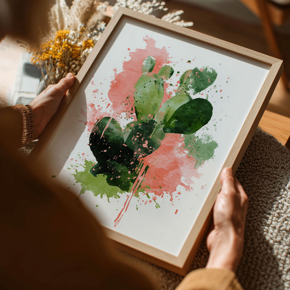Watercolour cactus art print with green tones and coral abstract paint splashes