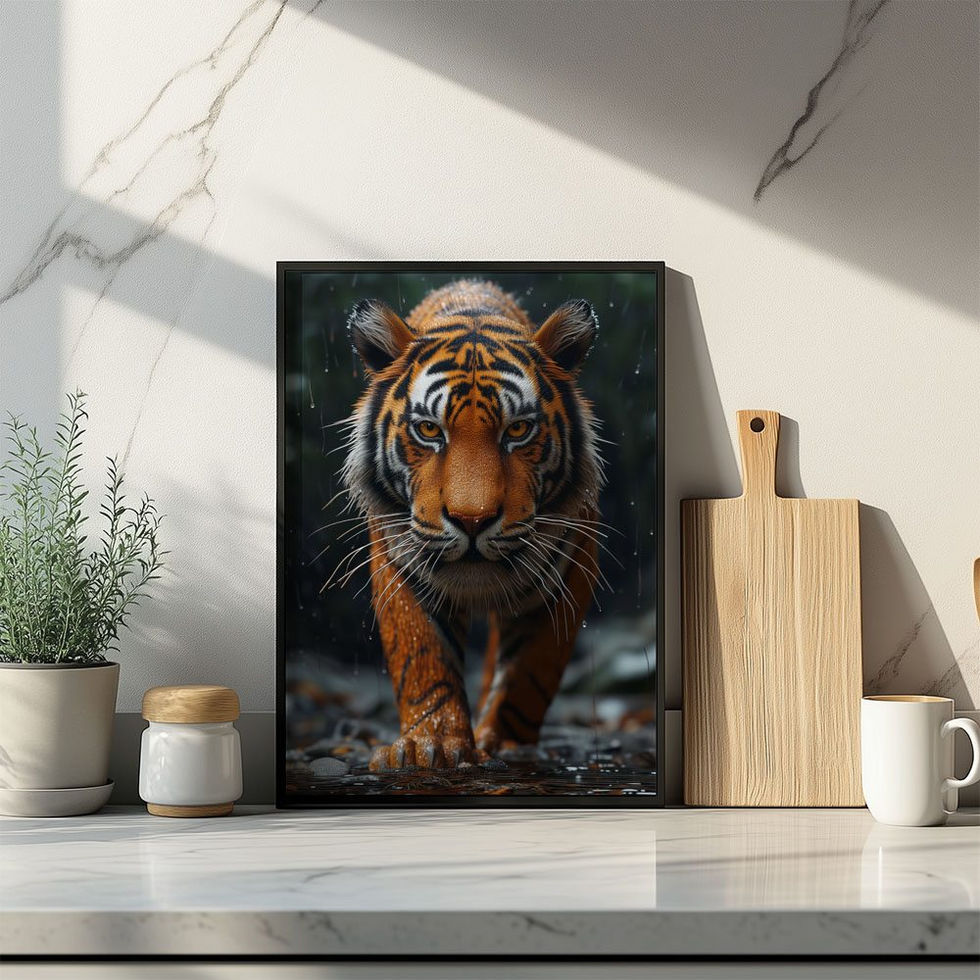 Realistic digital painting of a tiger walking toward the viewer in a forest setting