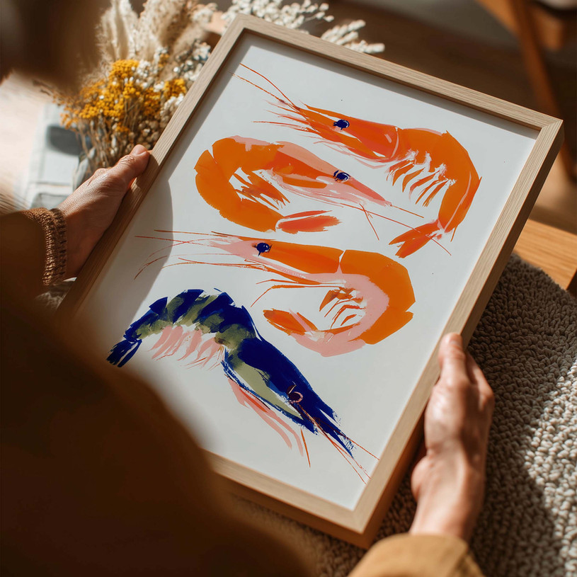 Modern art print of four colourful prawns painted in bold orange and blue brush strokes.