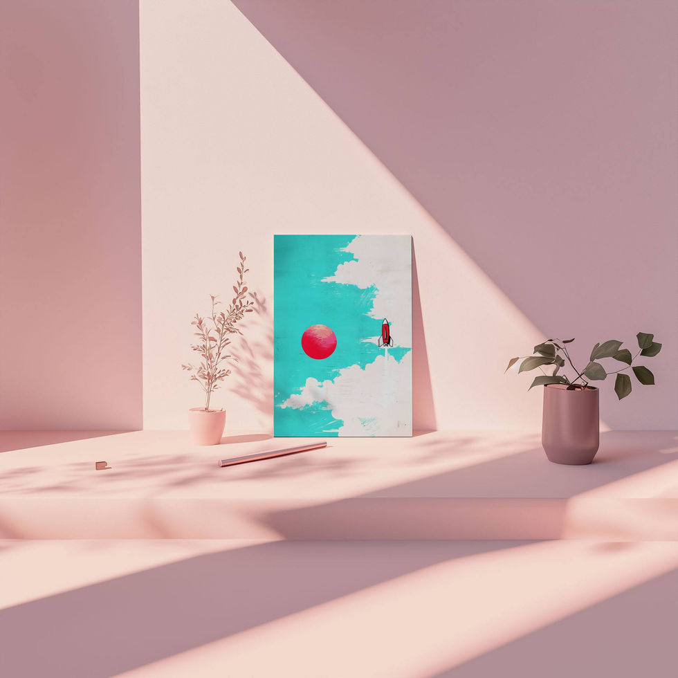 Playful and surreal rocket art print with bold colour contrasts — perfect for modern or kids’ rooms.