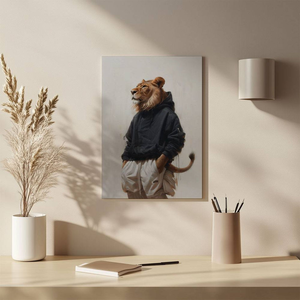 Stylish lion wearing hoodie and joggers – modern streetwear animal illustration wall art.