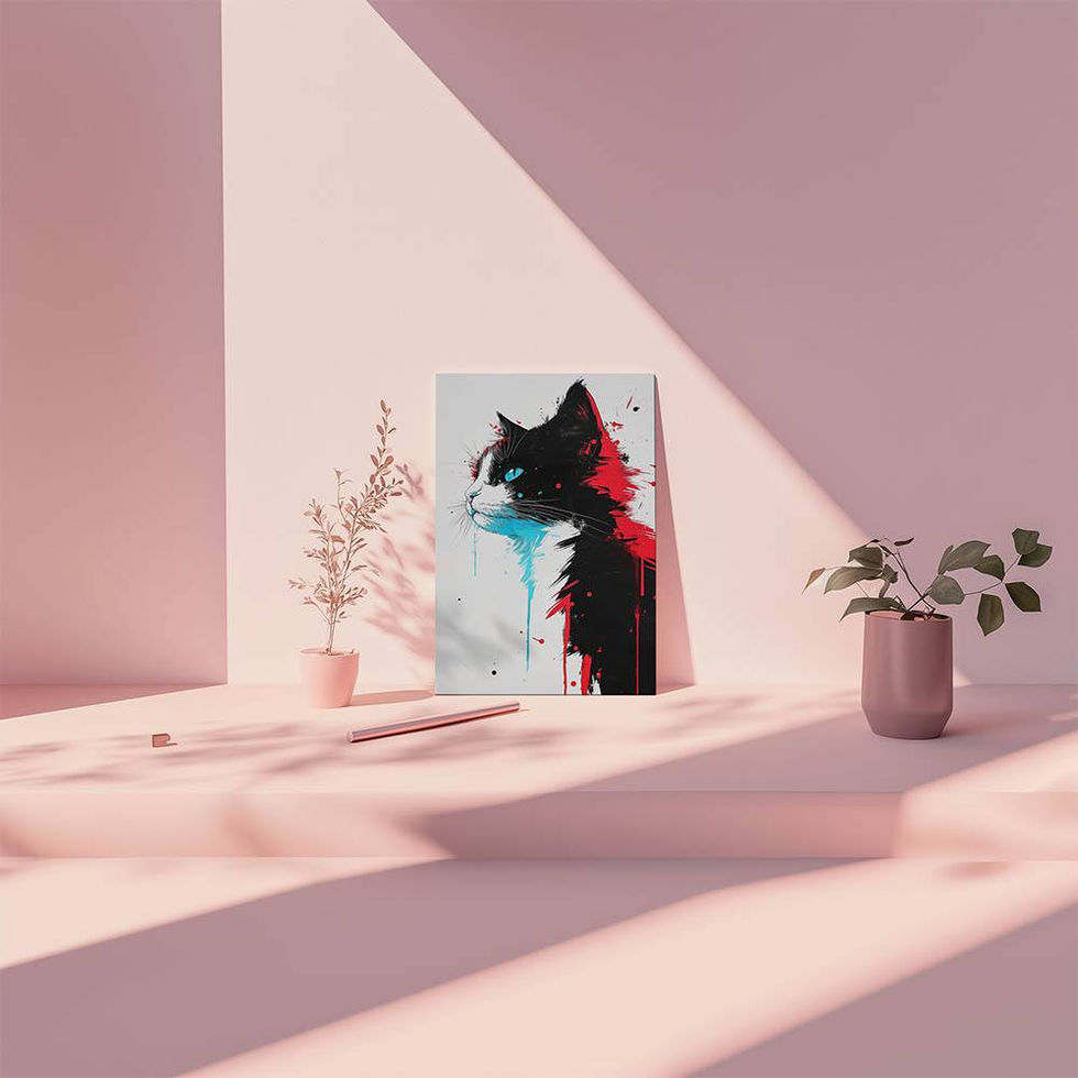 Edgy cat portrait with street art flair — bold colour splashes for modern animal lovers.