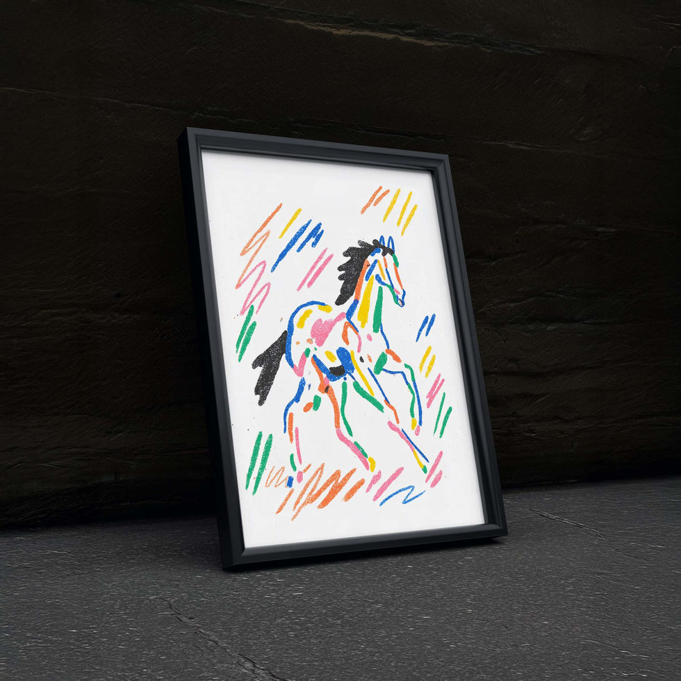 Abstract scribble horse with colourful lines, modern expressive art print