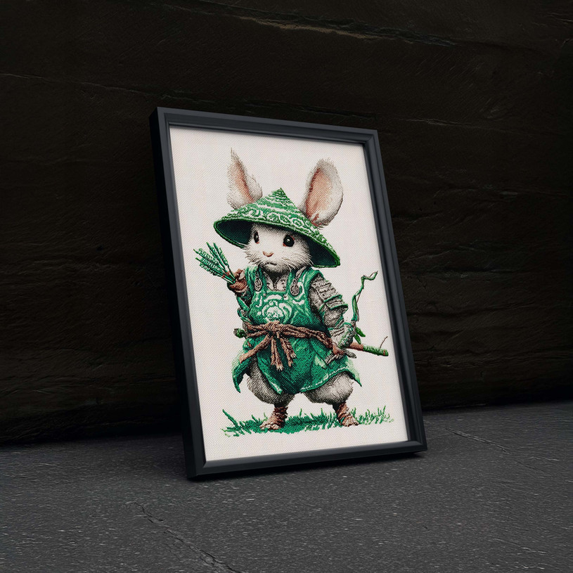 Whimsical art print of a small mouse dressed as a samurai in green armour holding a bow.