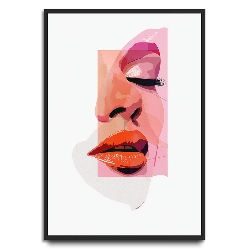 Abstract portrait artwork of a woman's face with closed eyes and red lips in pink and peach colour blocks.