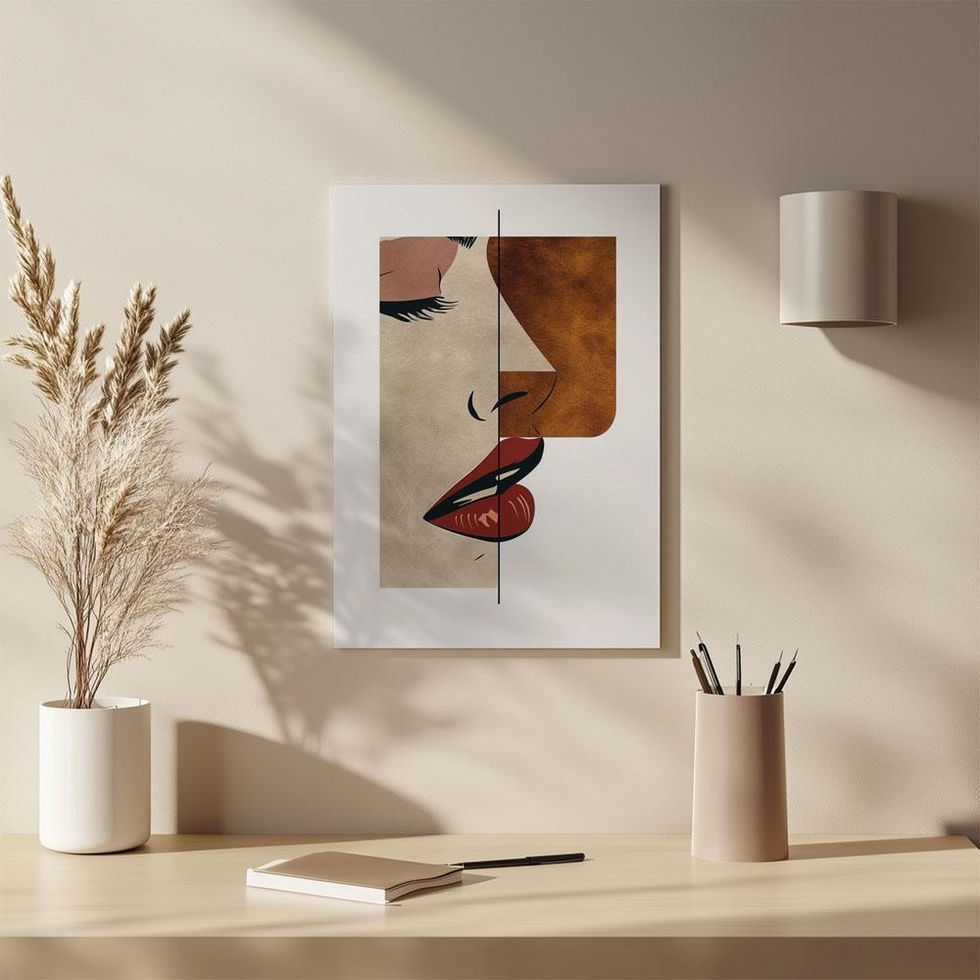 Contemporary abstract portrait print featuring a split view of a woman's face with bold lips and earthy tones.