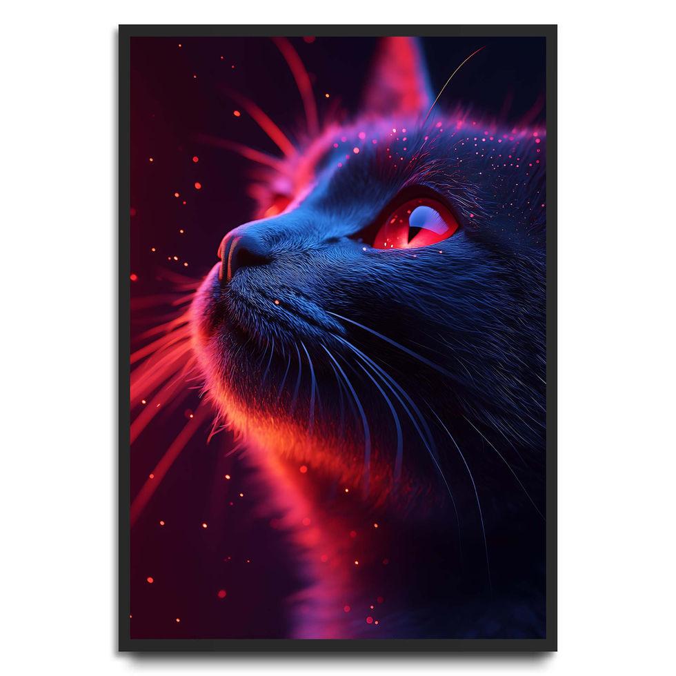 Neon blue and red cat portrait with glowing lighting, cyberpunk style art print