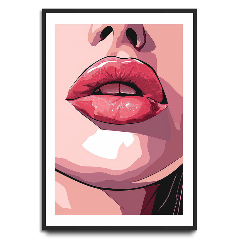 Close-up pop art illustration of glossy pink lips on a pale face.