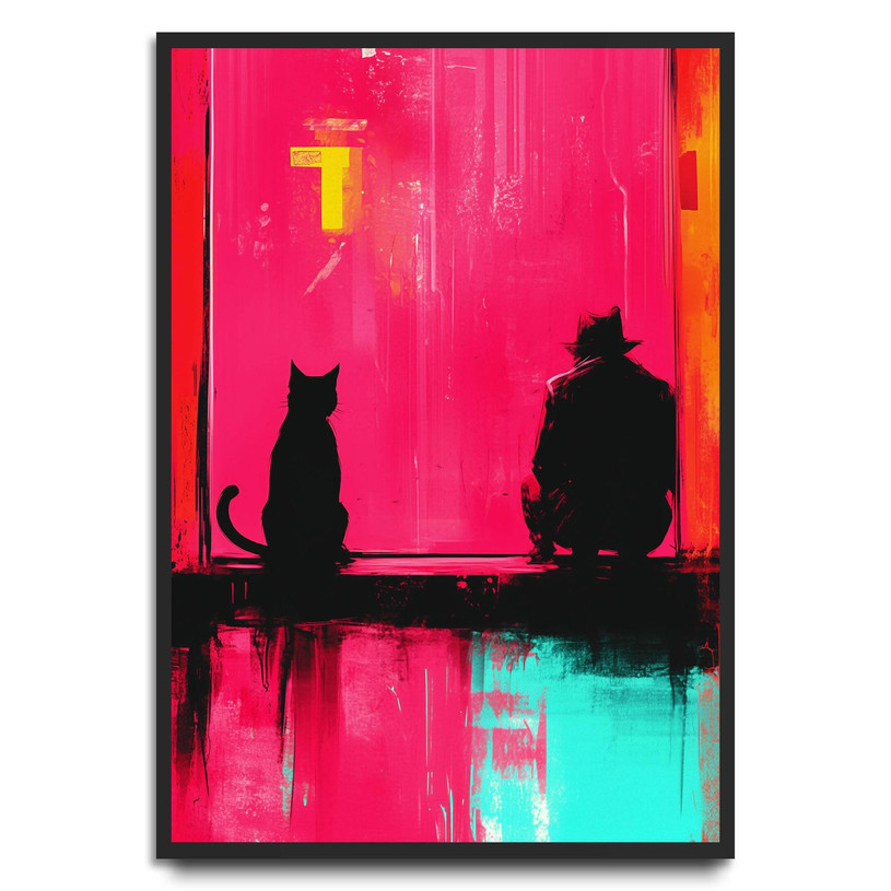 Man and cat silhouette under neon pink light in a moody street art print.