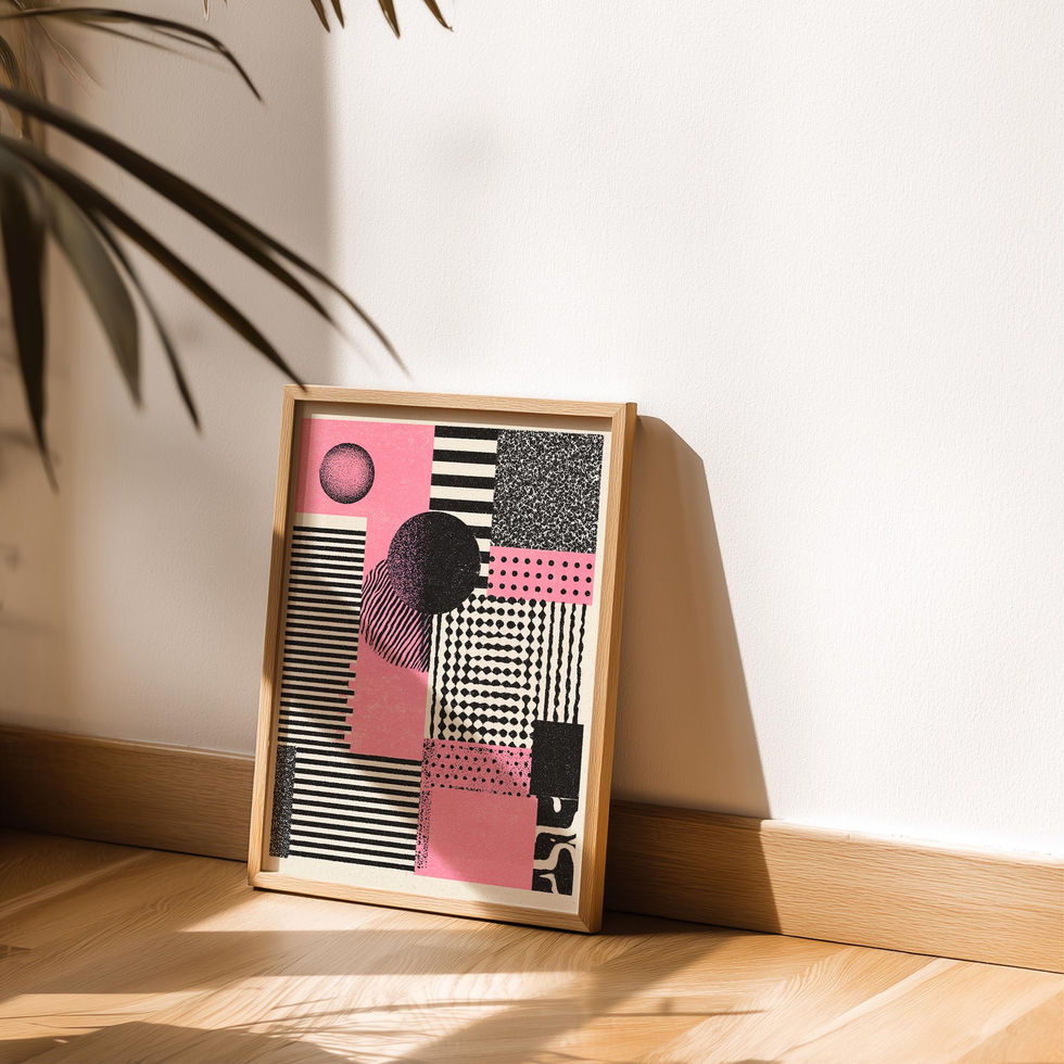 Abstract geometric art print with pink and black shapes, stripes, and textured patterns.