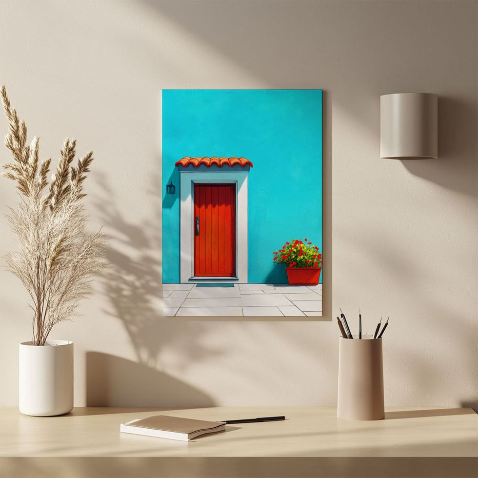 Bright red door on a turquoise wall with a red flower pot.