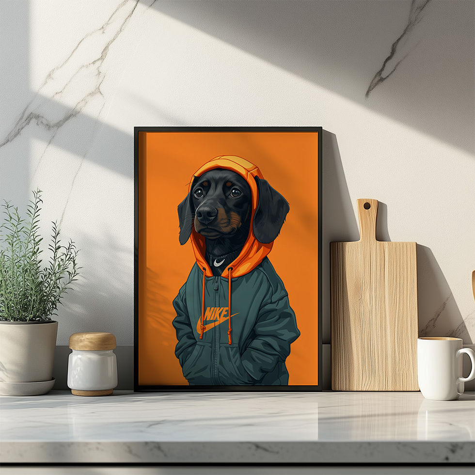 Dachshund wearing an orange hoodie and green Nike jacket on bold orange background, minimalist streetwear art print.