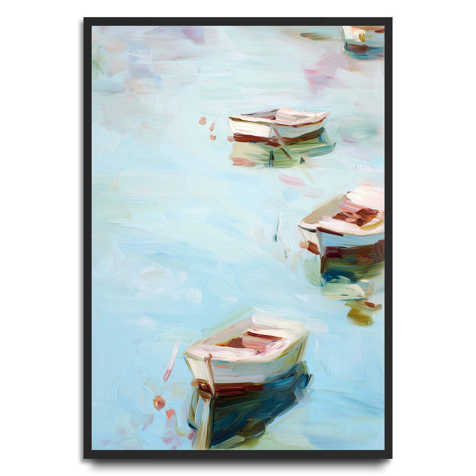 Watercolour art print of three small boats floating on soft blue water.