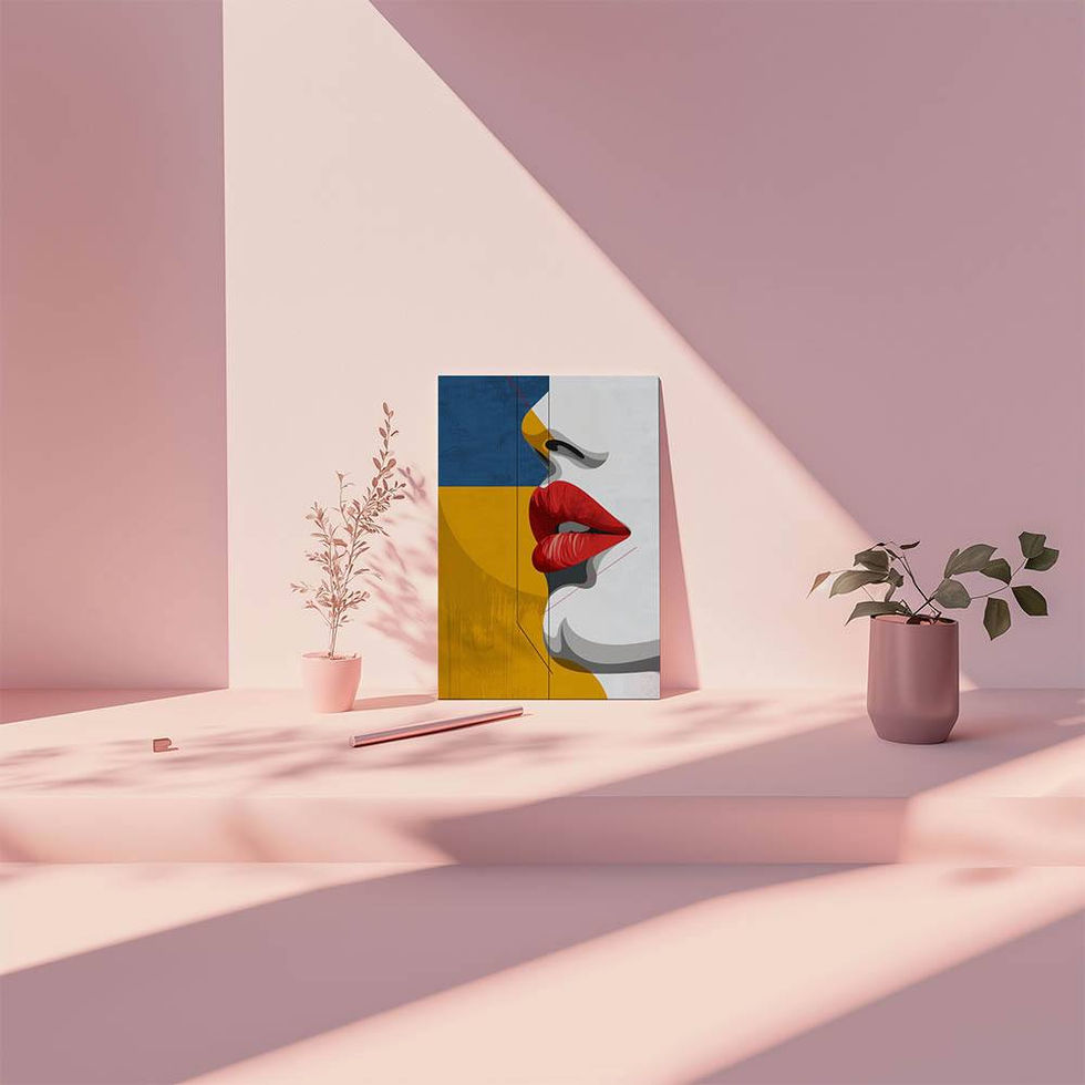 Side profile of red lips with abstract background in blue, mustard, and white tones