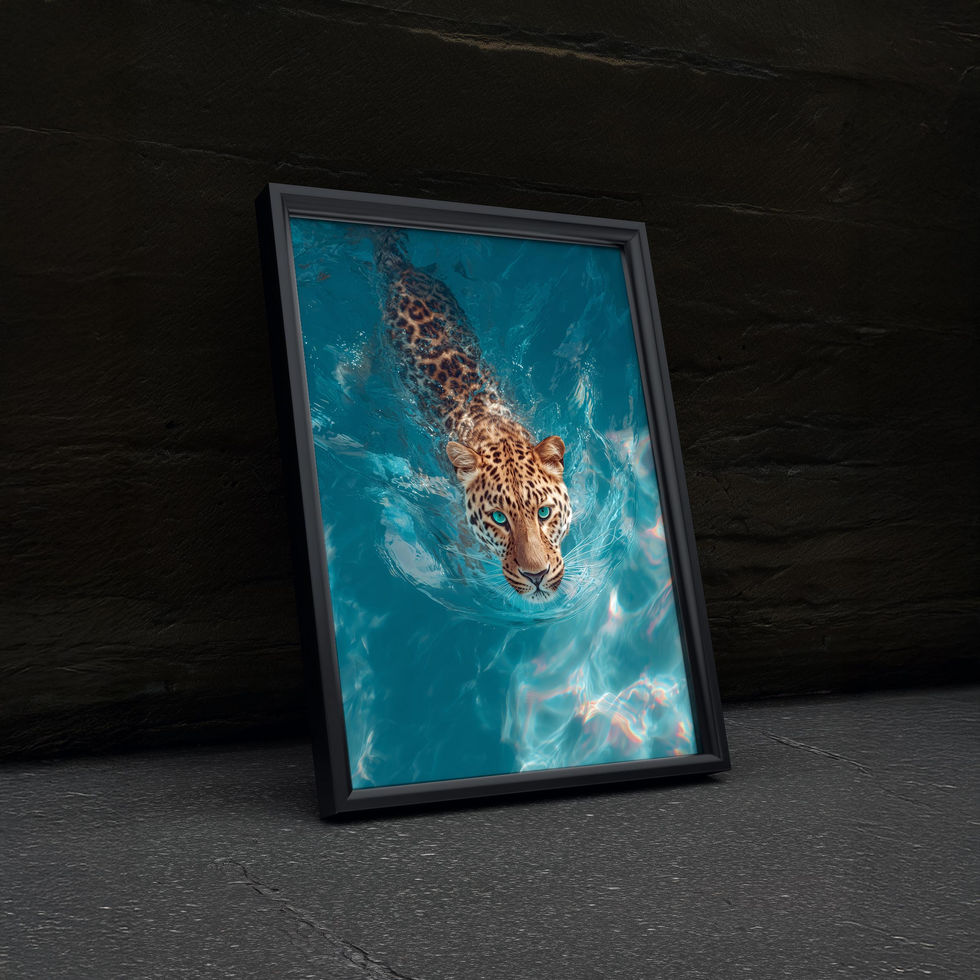 Art print of a leopard swimming in bright blue water with vivid turquoise eyes.