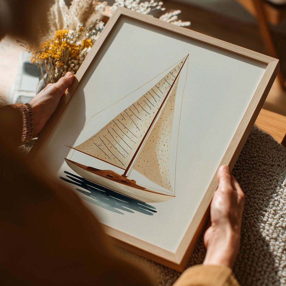 Minimalist sailboat illustration in soft neutral tones on calm water, ideal for coastal, nautical and modern home wall decor.