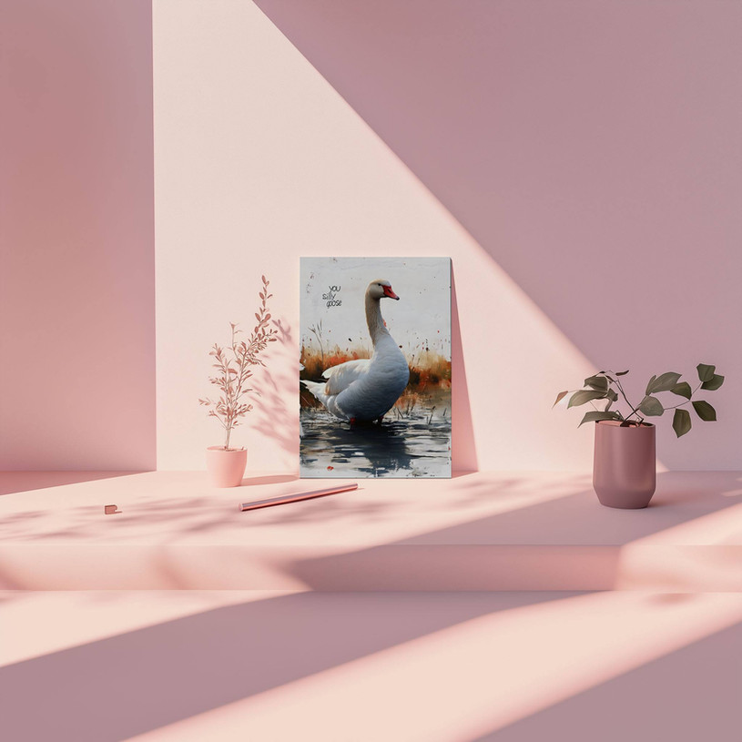White goose standing in a pond with the phrase “You silly goose” in the background – humorous and charming animal art print.