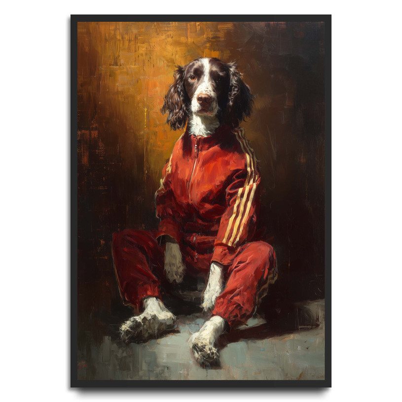 Dog wearing a red tracksuit in a dramatic oil painting style portrait