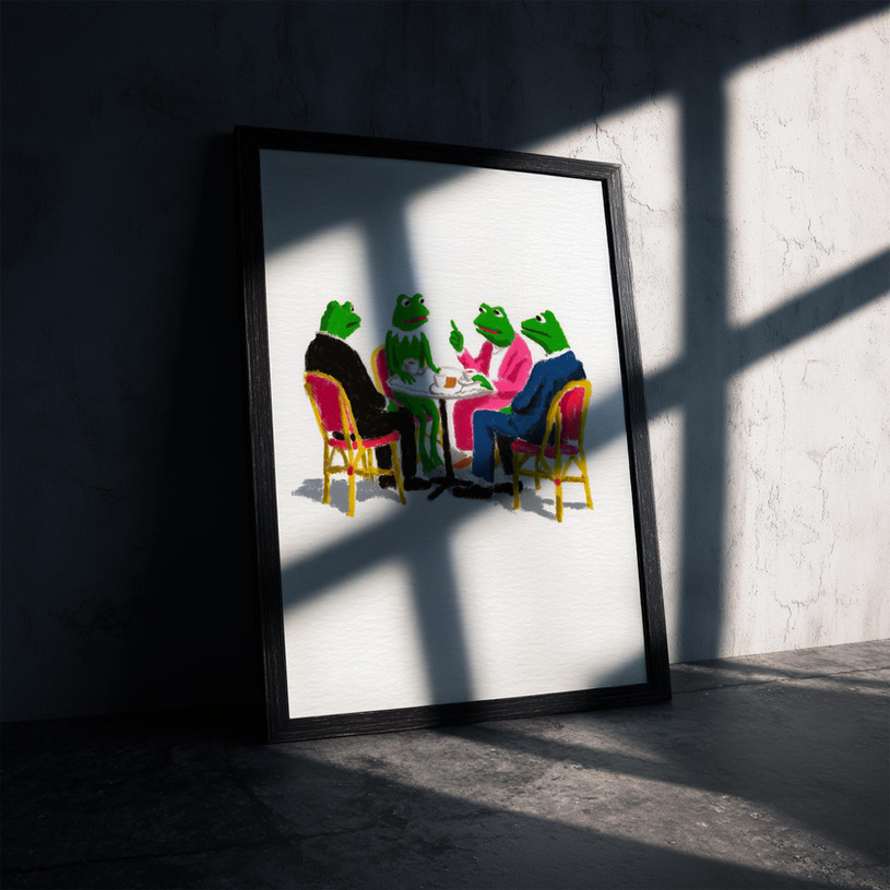 Illustration of four frogs in suits and colorful outfits sitting around a café table having a meeting.