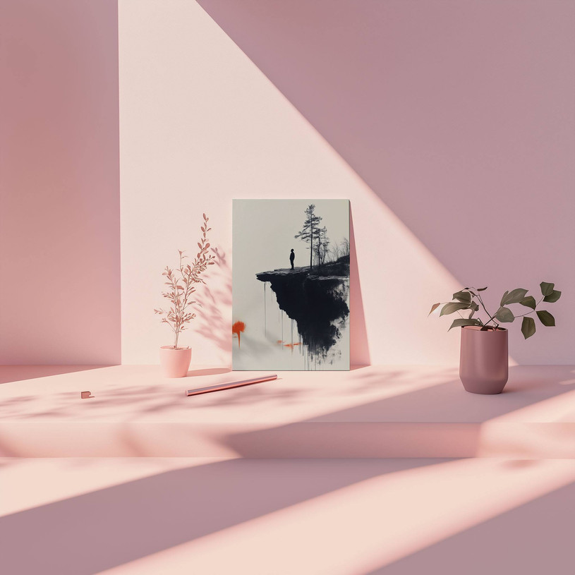 Moody watercolour silhouette art featuring a lone figure on a floating cliff, accented with bold red ink.