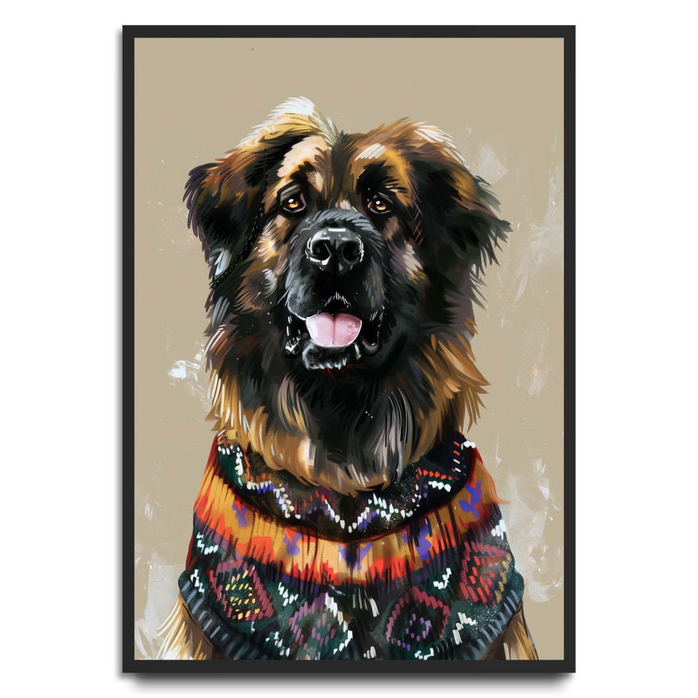 Smiling dog wearing colourful patterned sweater, cosy modern dog art print