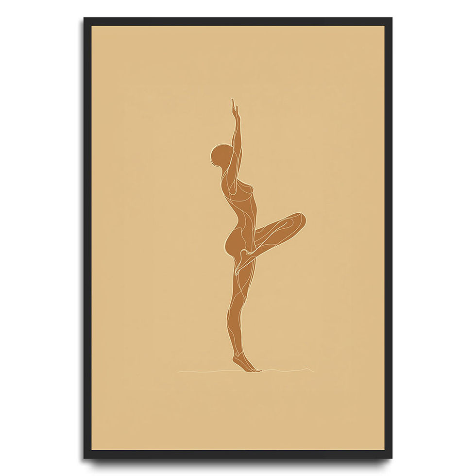Abstract nude female figure in a yoga pose on a tan background.