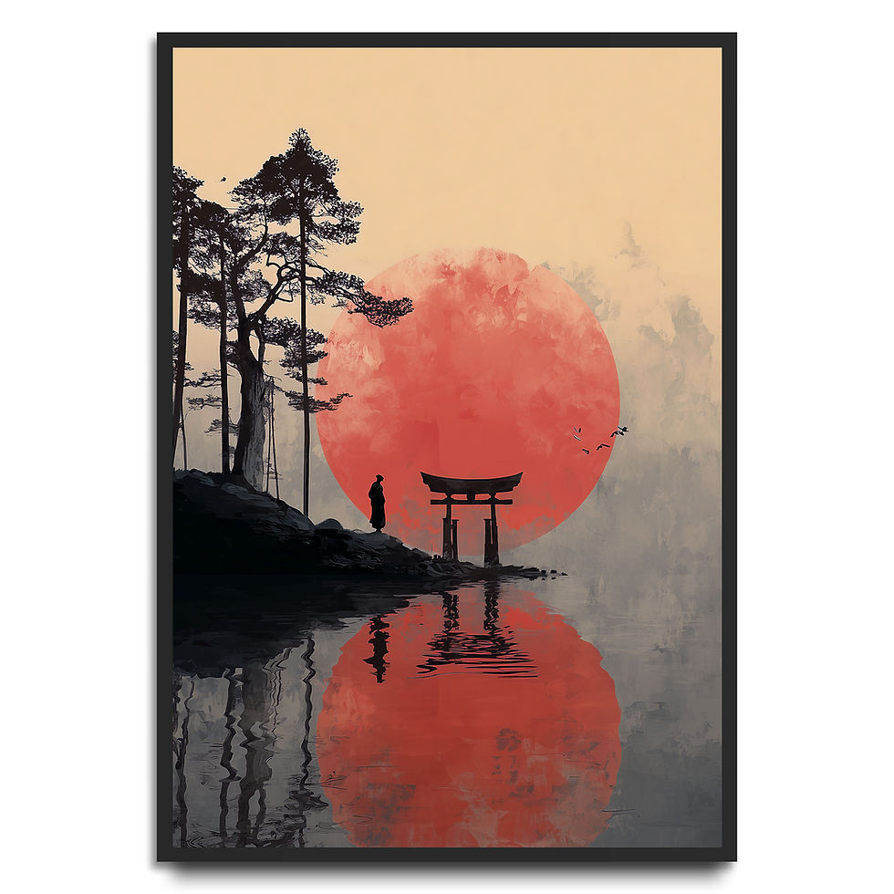 Japanese landscape art print with torii gate, red sun and reflective water, ideal for zen, minimalist and nature-inspired wal