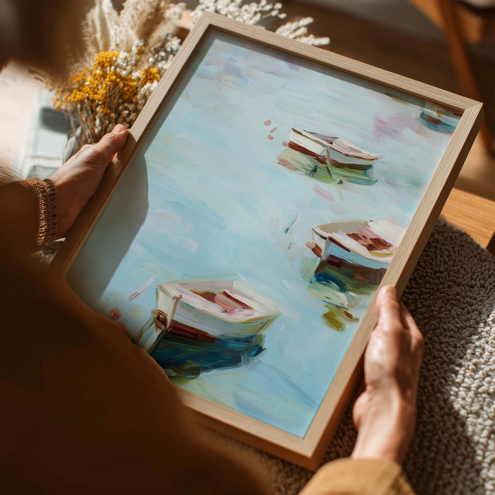 Watercolour art print of three small boats floating on soft blue water.