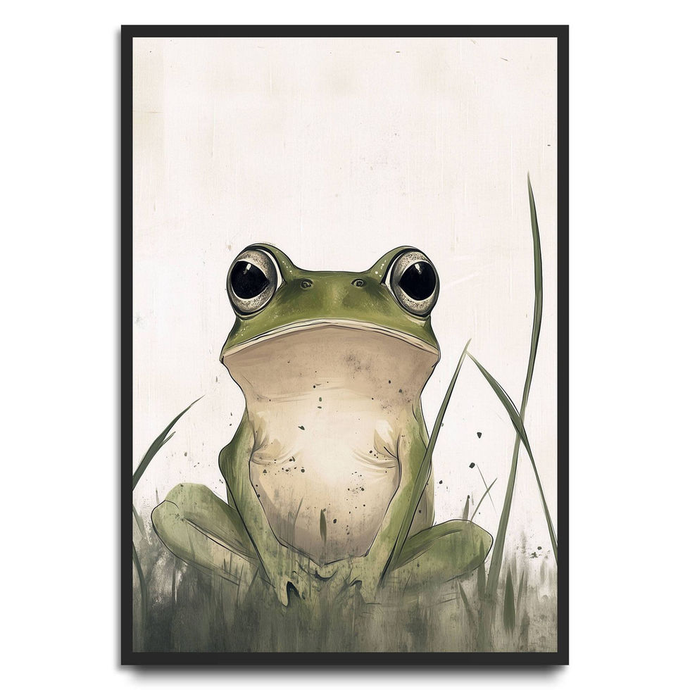 Watercolour-style illustration of a green frog sitting upright among soft grass on a neutral background.