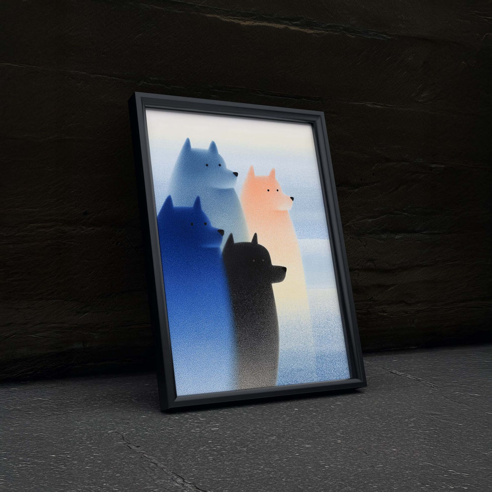 Minimalist dog silhouettes in blue and peach mist, modern abstract art print