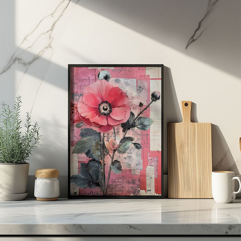 Red flower with blue leaves over a vintage-style collage background.