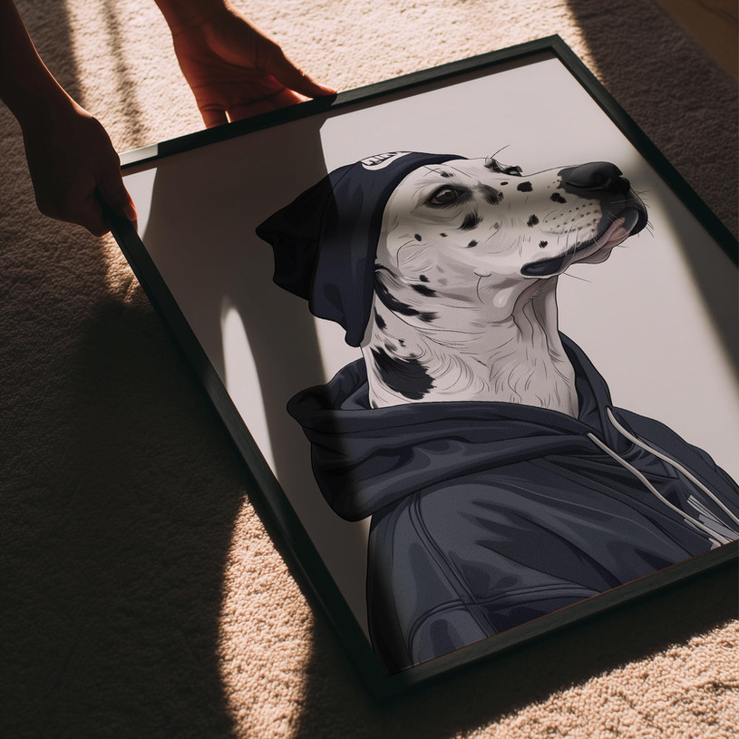 Contemporary illustration of a Dalmatian dog wearing a hoodie and beanie hat against a neutral background.