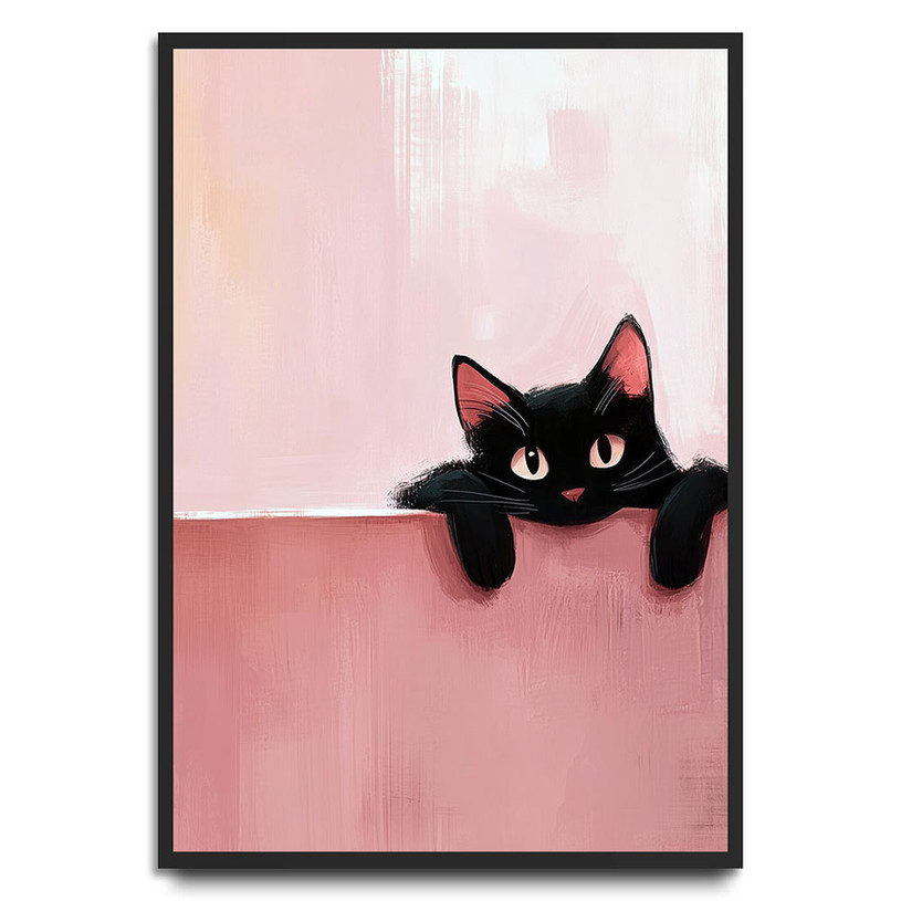 Black cat with bright eyes peeking over a pink ledge on a soft pastel background – charming and whimsical cat art print.