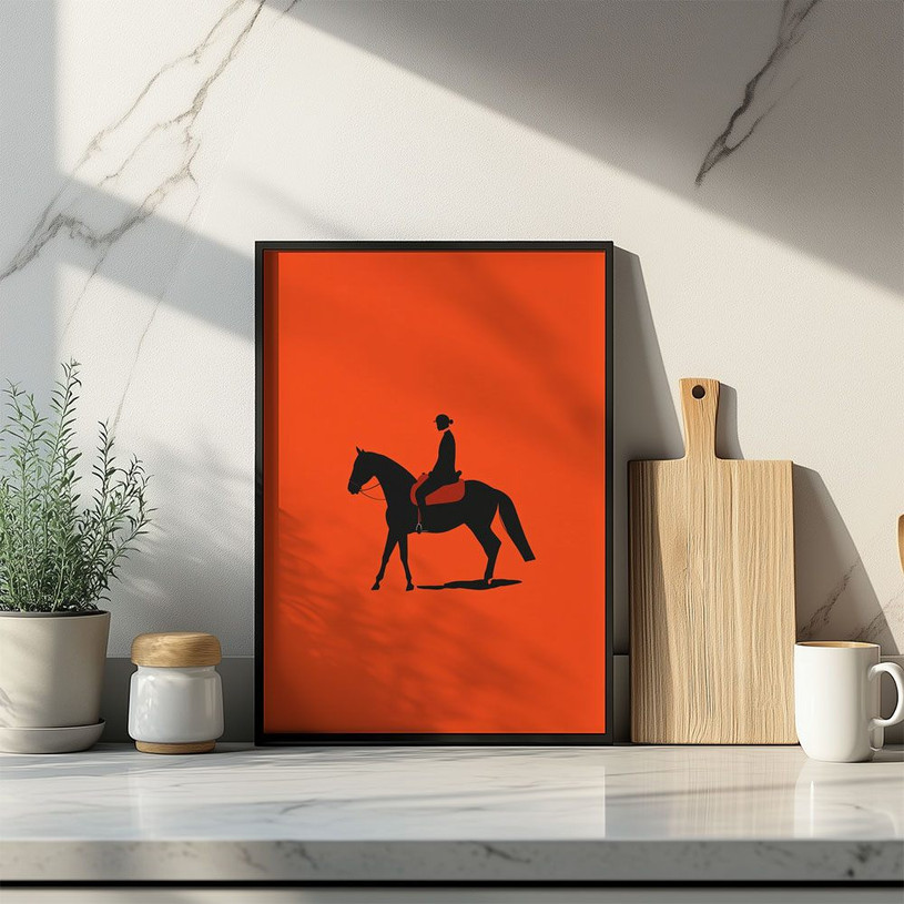 Minimalist silhouette of a person riding a horse on a bright orange background.