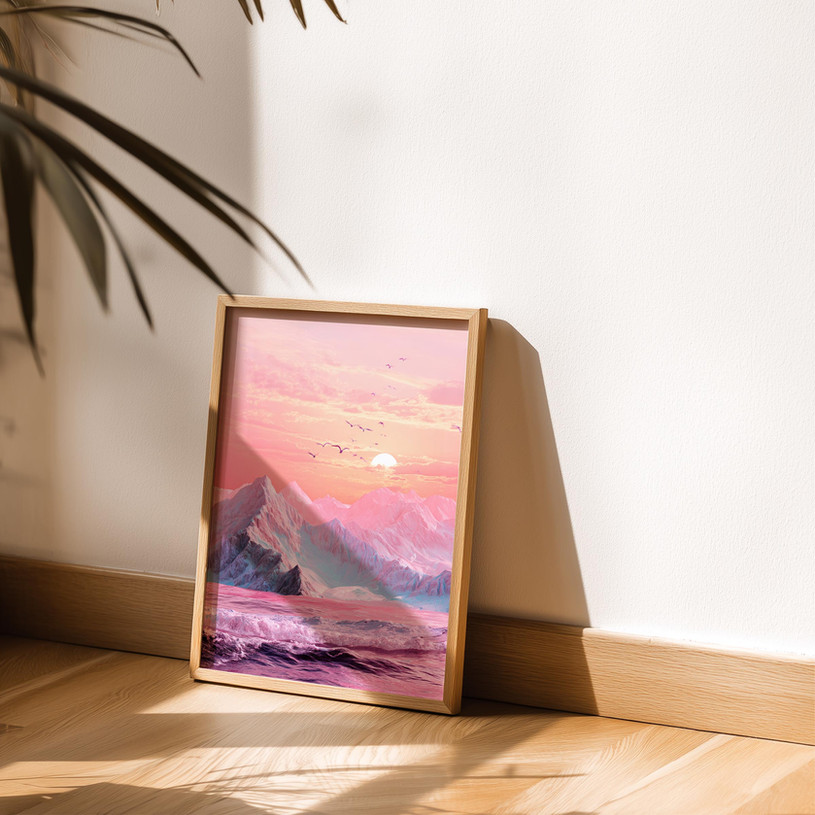 Art print of pink snow-covered mountains with ocean waves and birds flying under a pastel sunset.