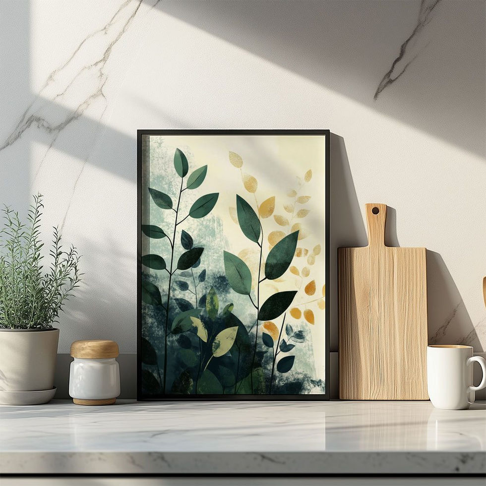 Artistic print of layered green and yellow leaves with a painted, textured background.