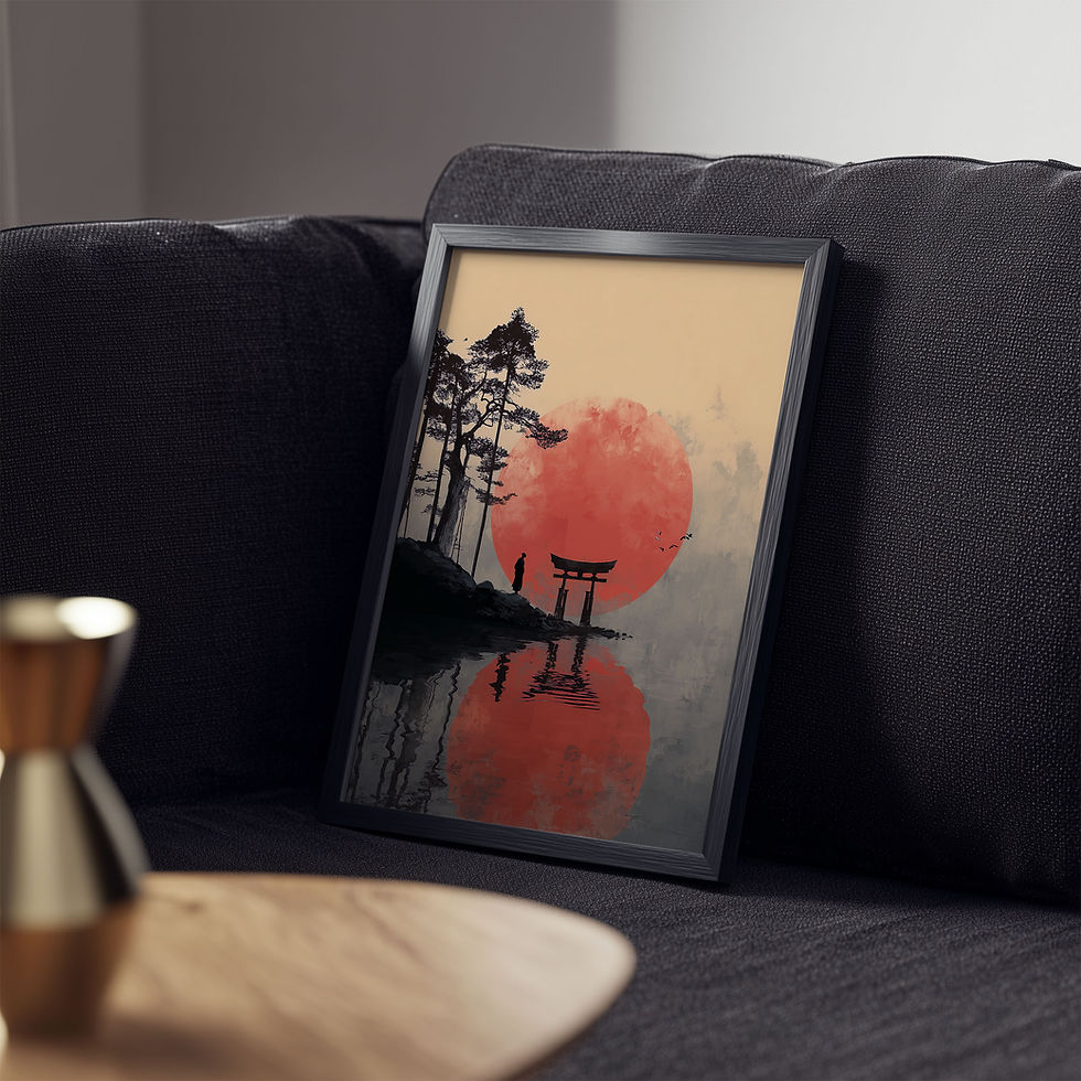 Japanese landscape art print with torii gate, red sun and reflective water, ideal for zen, minimalist and nature-inspired wal