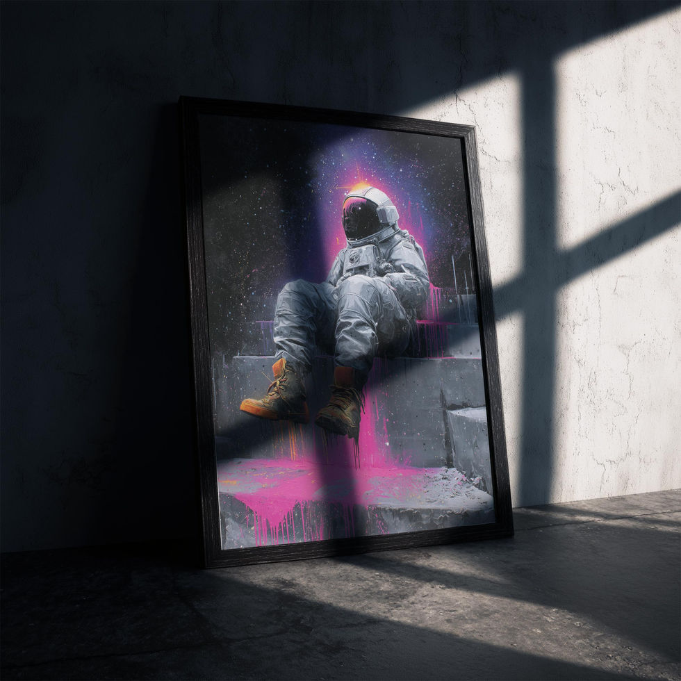 Graffiti-style artwork of an astronaut sitting on steps with pink paint splashes and a cosmic space background.