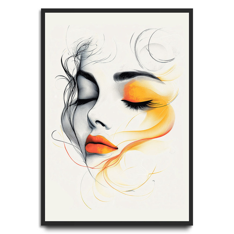 Abstract woman’s face with closed eyes in yellow, orange, and black brush strokes.