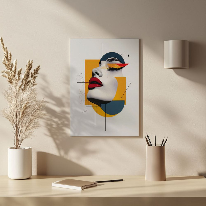 Stylised female face with red lips and dramatic eyeliner overlaid with orange and navy geometric shapes.
