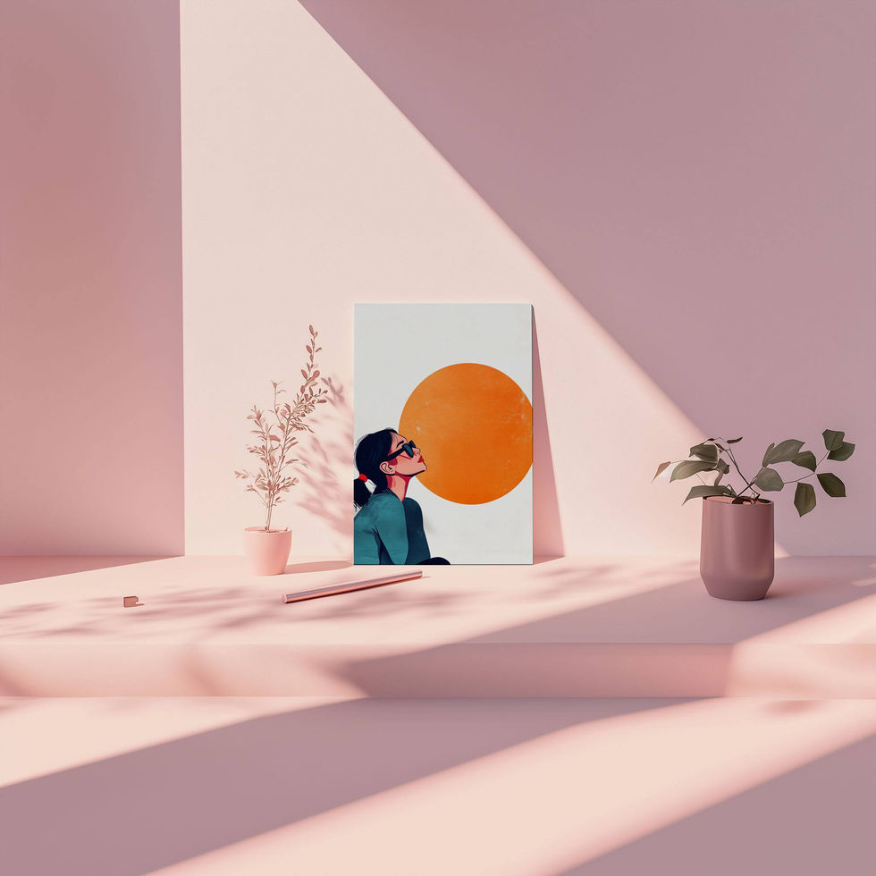 Minimalist illustration of a woman in sunglasses looking up at a large orange sun on a white background.