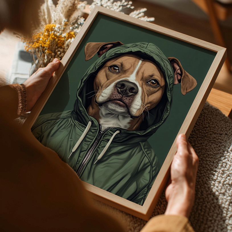Art print of a dog wearing a green hoodie against a dark green background.