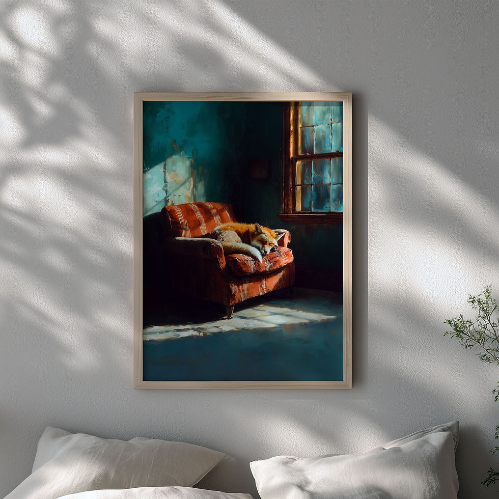 white tiger resting on orange armchair with sunlight shadows vintage style wall art print