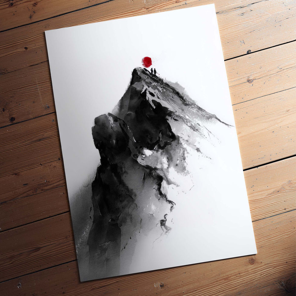 Minimalist mountain artwork with lone figure and red accent, monochrome landscape art print