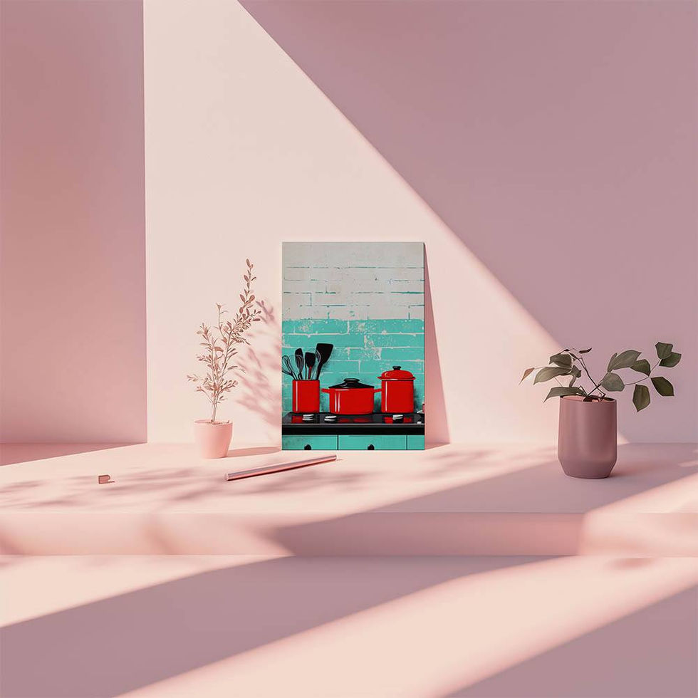Red kitchen pots and utensils on a black counter with a distressed turquoise brick wall background.