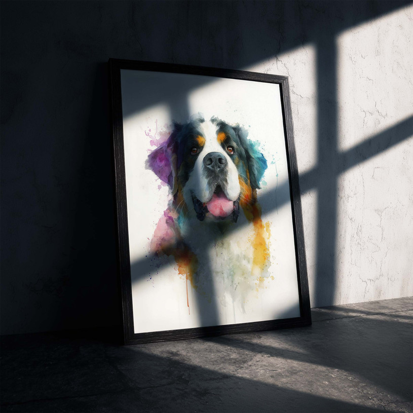 Colourful watercolour Saint Bernard portrait with vibrant rainbow paint splashes