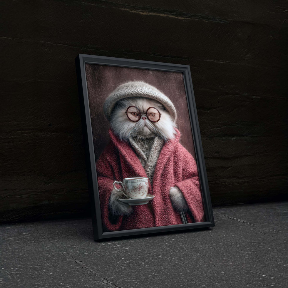 Vintage styled cat wearing elegant clothing, humorous portrait art print