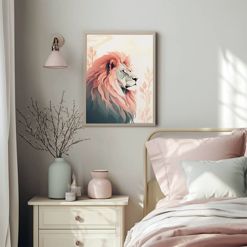 Stylised lion portrait with a flowing pastel mane against a soft, leafy background – regal and serene animal art print.