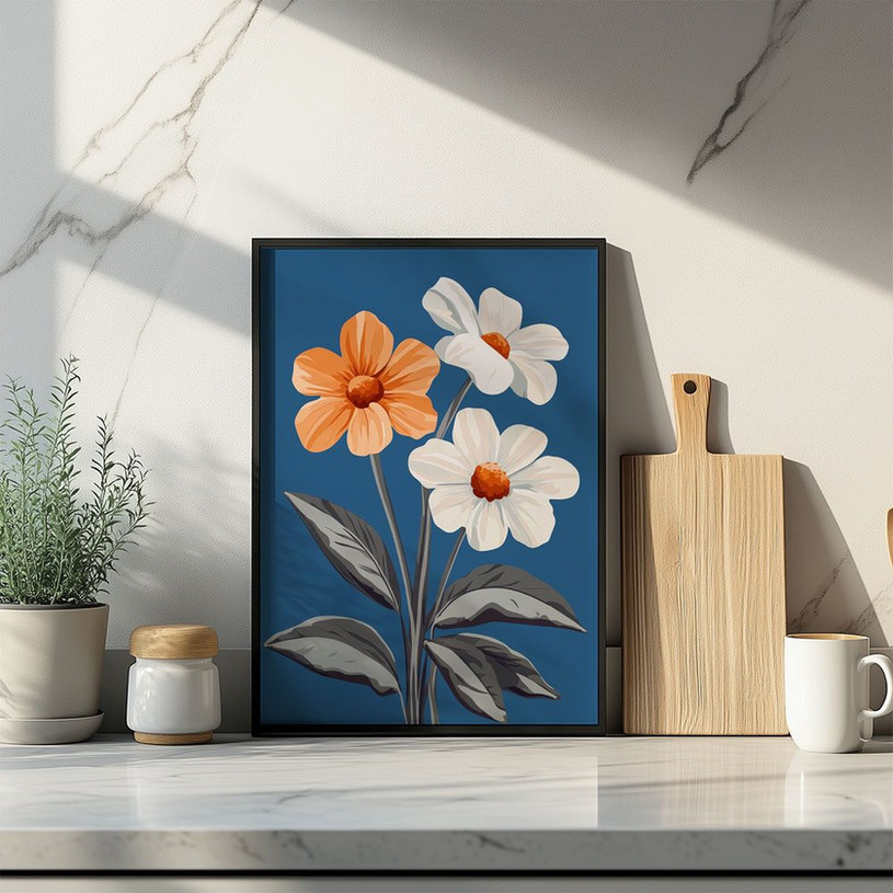 Three flowers with grey stems and leaves, two white and one orange, on a deep blue background.