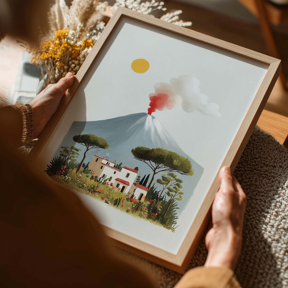Illustrated village scene with erupting volcano and warm painterly tones, landscape art print